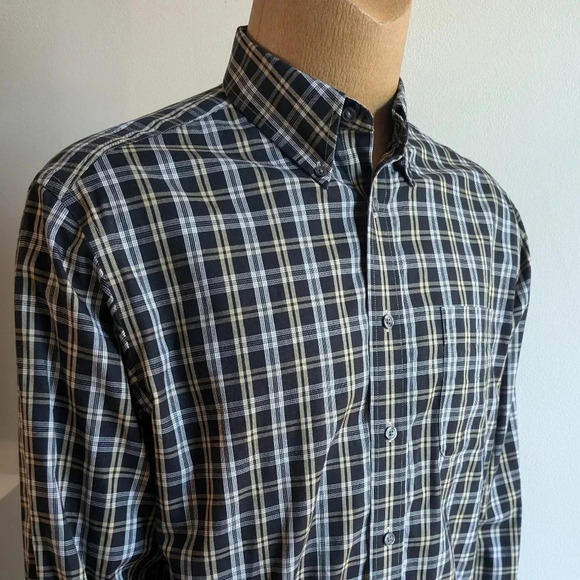 New! EDDIE BAUER black white and  gold plaid shirt - Picture 6 of 11